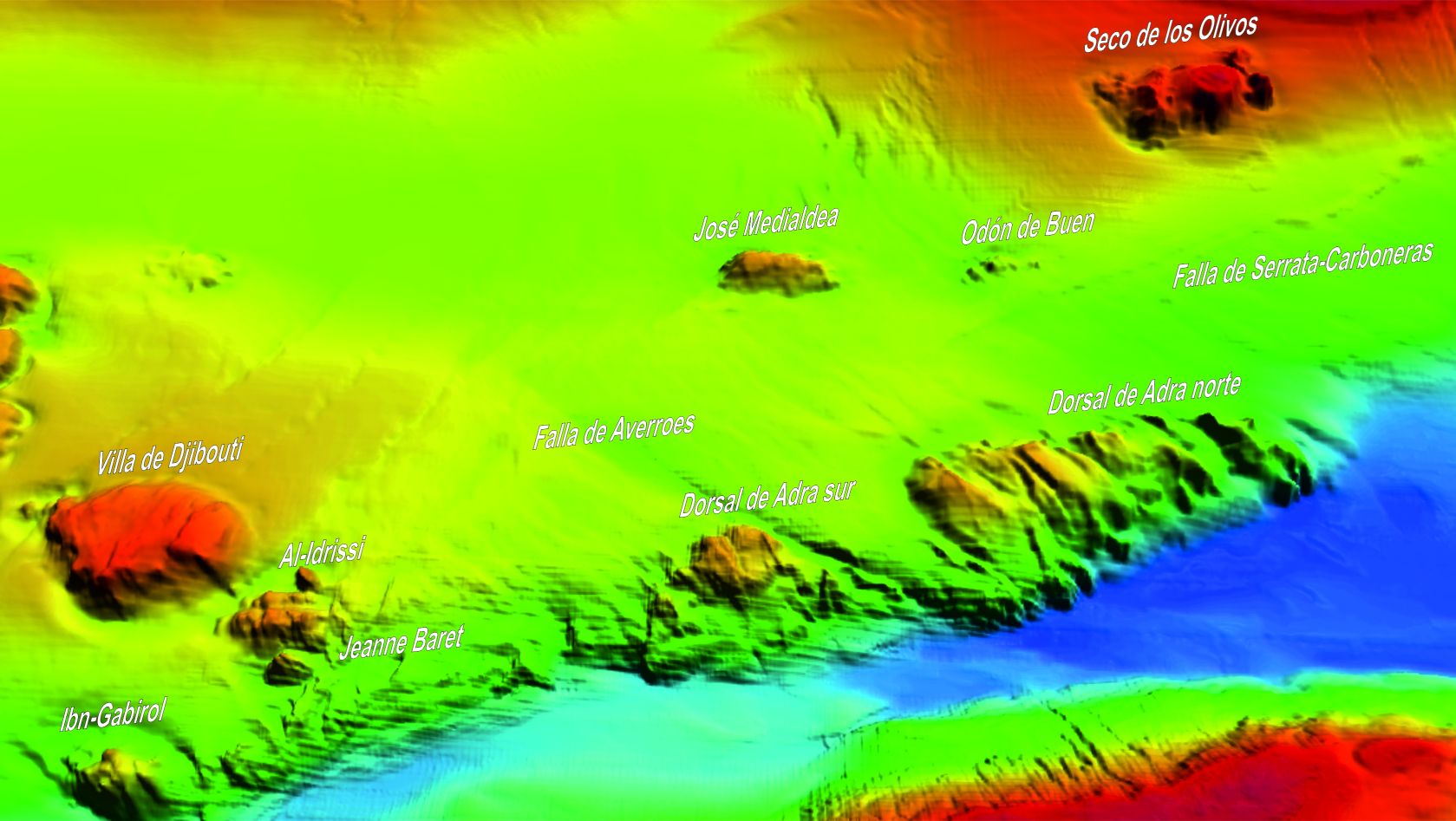 Modelo batimétrico donde se indican algunas toponimias de montes y cañones del Mar de Alborán © IEO-CSIC