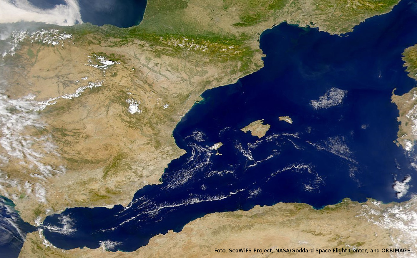 Imagen satelital del Mediterráneo Occidental. Foto: SeaWiFS Project, NASA/Goddard Space Flight Center, and ORBIMAGE