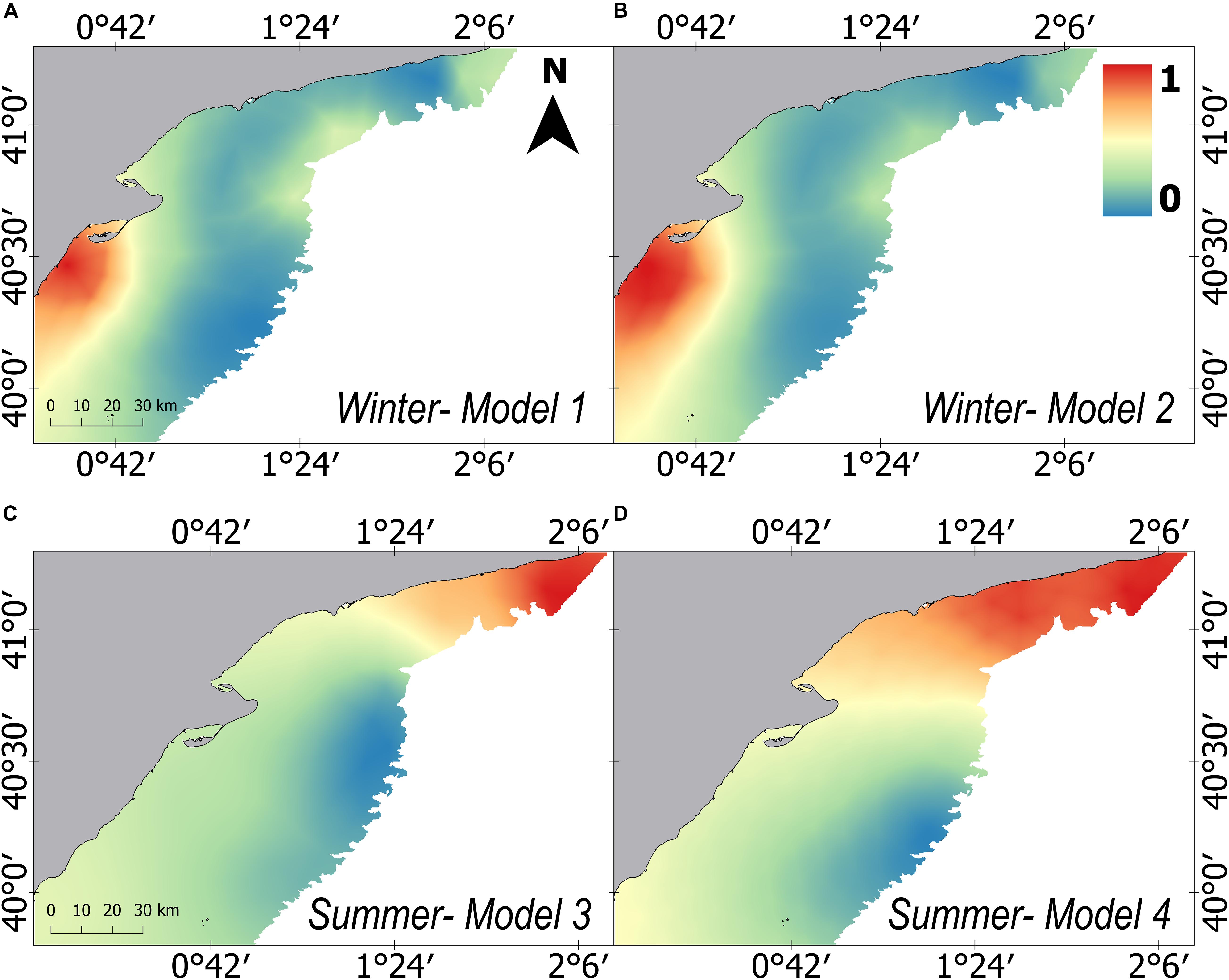 Mapa predictivo de la distribución de la merluza en invierno (A, B) y en verano (C, D) / ICM-CSIC